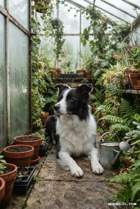 Border collie turning its head beside seedlings, terracotta pots, and condensation-covered glass inside a softly lit misty greenhouse.