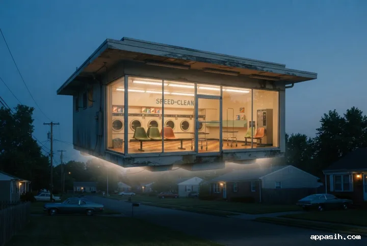 Low three-quarter view of a surreal floating 1970s laundromat glowing above the same quiet suburban street at blue hour.