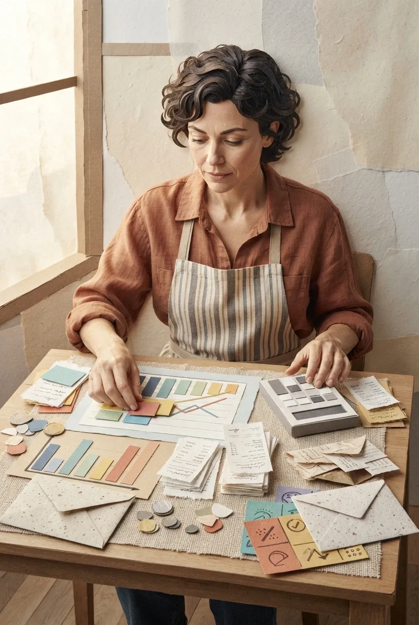 Small business owner planning cash flow at a desk with paper charts, receipts, coins, and budgeting cards in a collage mixed media style.