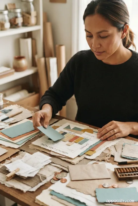 Small business owner arranging a cash flow planning card beside layered charts, receipts, and coins in a detailed collage mixed media workspace.