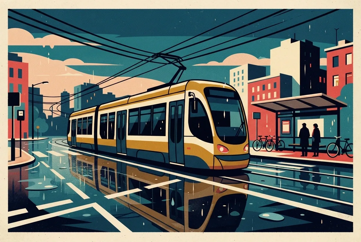 Retro Pop Art electric commuter tram crossing a rainy city junction at dusk with bold halftone textures and colorful street reflections.