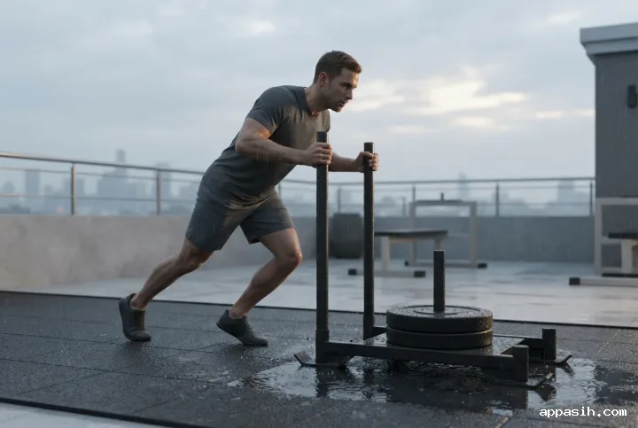 Photorealistic 3D athlete driving a weighted sled from a closer low three-quarter angle on the same wet rooftop training deck at dawn.