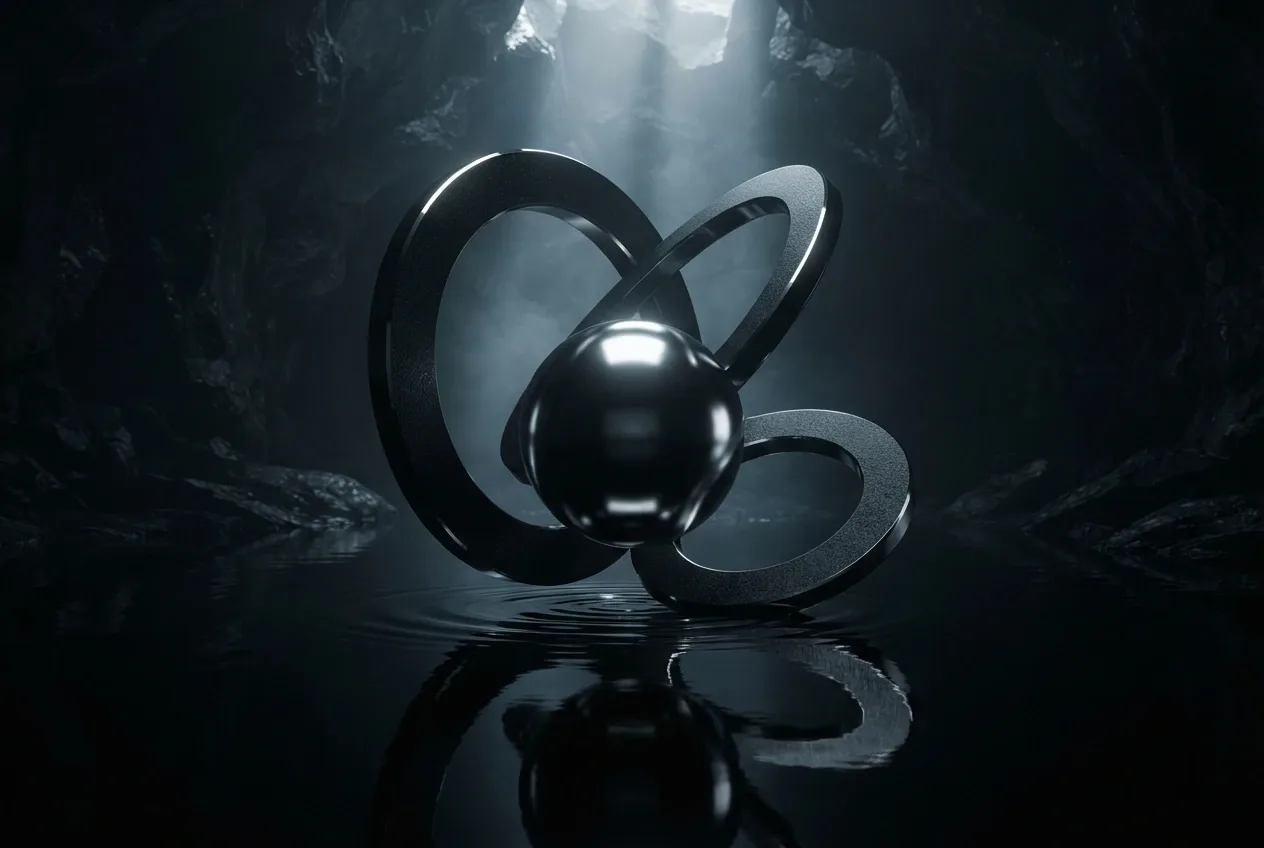 Cinematic abstract scene of floating obsidian rings surrounding a reflective liquid-metal sphere above a black mirror surface.