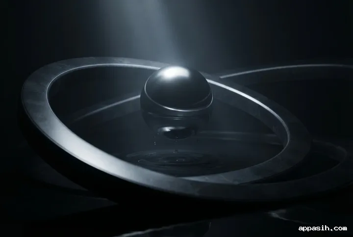 Low three-quarter cinematic view of obsidian rings encircling a liquid-metal sphere above a reflective black surface with volumetric light and mist.