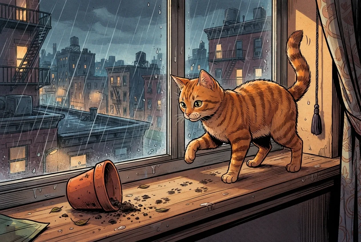 Orange-and-brown tabby cat examining muddy paw prints beside a rainy apartment window in a Cartoon Comic Book illustration.