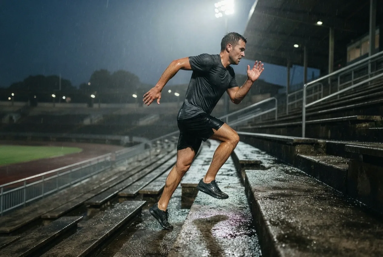 Athlete sprinting up rain-soaked stadium stairs during a cinematic evening conditioning workout.