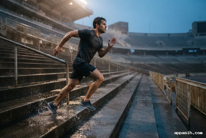 Cinematic three-quarter view of an athlete driving up wet stadium stairs during a rainy evening sprint workout.