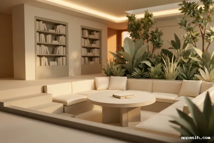 Closer three-quarter view of a sunken reading lounge with layered papercraft seating, bookshelves, and an indoor paper garden under warm ambient light.