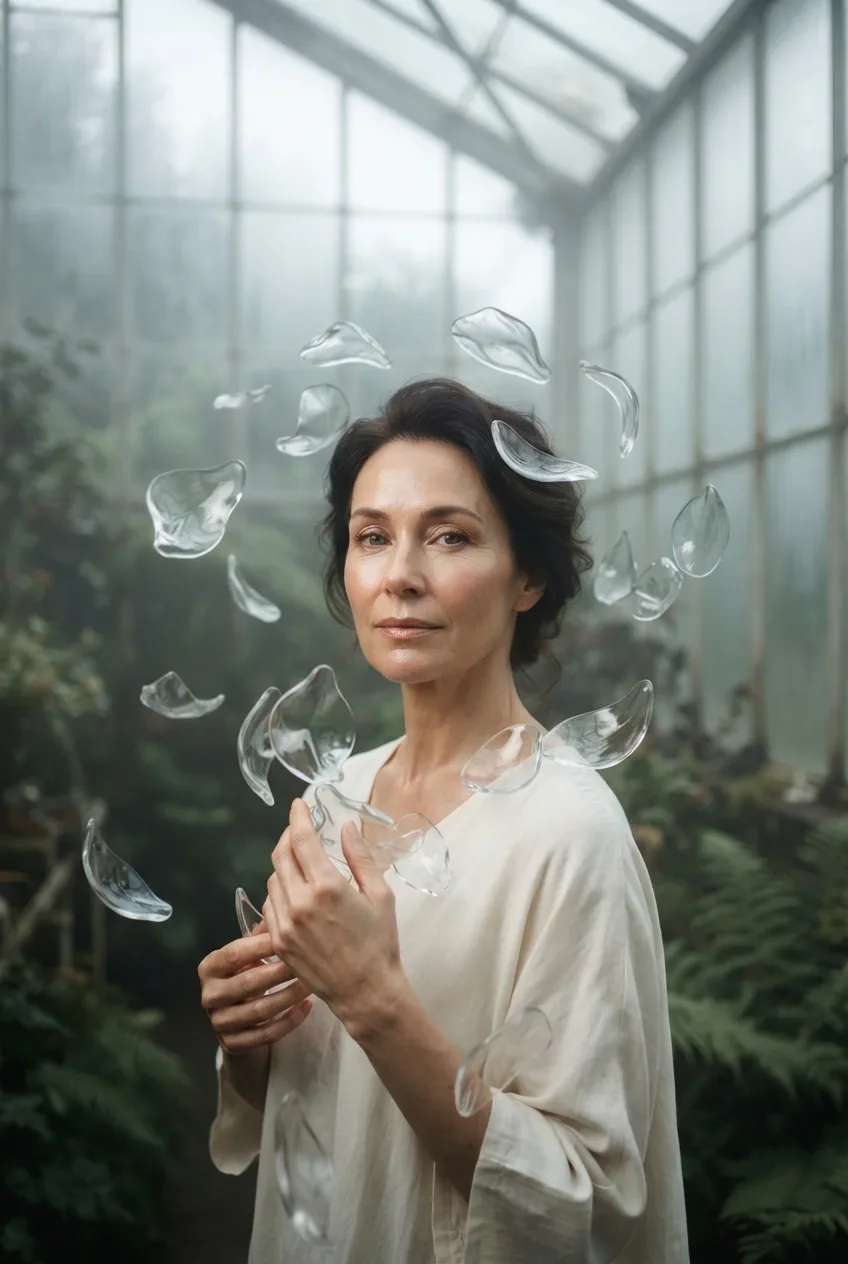 Surreal portrait of a woman in a misty glass conservatory with translucent glass petals floating around her face and shoulders.