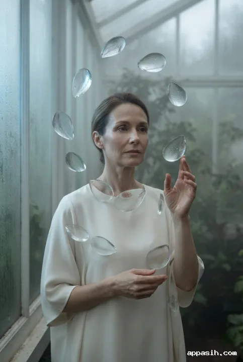 Surreal three-quarter portrait of a woman in a misty conservatory reaching gently toward translucent glass petals floating around her.