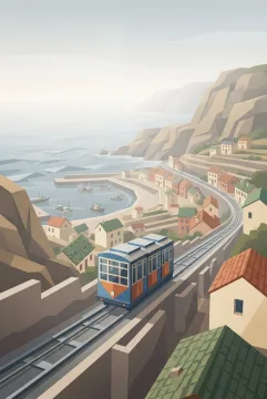 Geometric cliffside tram descending toward a misty coastal village with terraced houses, sea cliffs, and a curved harbor.