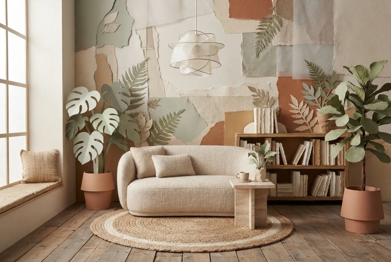 Botanical reading lounge with a curved linen sofa, oak bookshelf, indoor plants, woven rug, and layered paper collage textures in a Mixed Media interior.