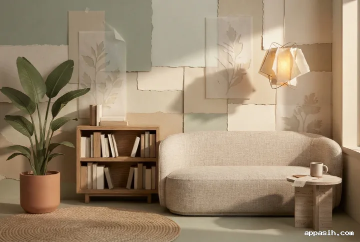 Closer three-quarter view of a botanical reading lounge with curved linen sofa, oak shelving, leafy plants, paper pendant lamp, and richly layered Collage / Mixed Media textures.