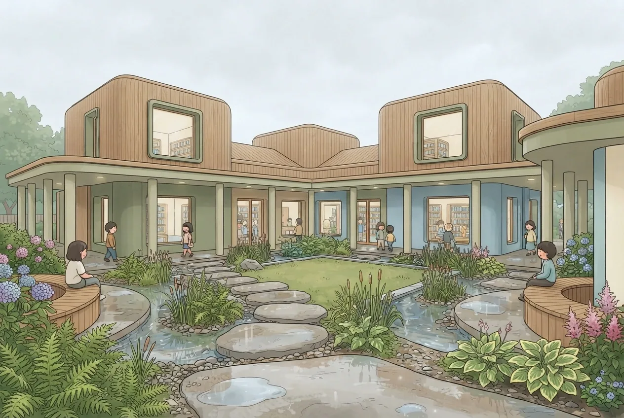 Chibi cartoon community library with rounded timber roofs surrounding a green rain garden courtyard after rainfall.