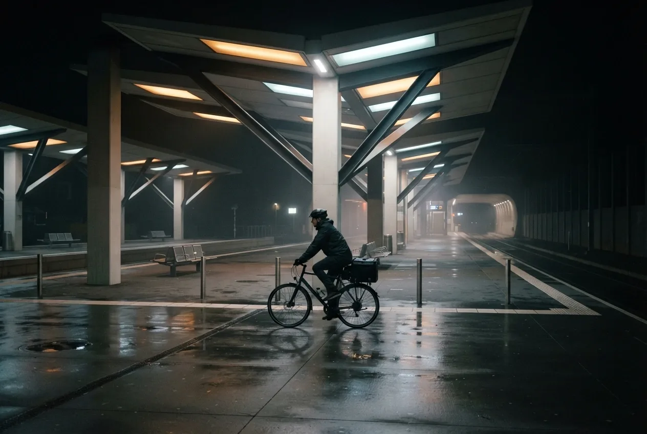 Bicycle courier riding through a rain-soaked geometric transit hub at night beneath angular illuminated canopies.