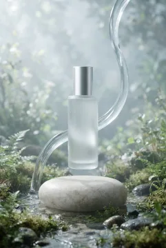 Surreal frosted skincare bottle floating above a pale stone pedestal in a misty miniature garden with moss, pebbles, water, and an upward-curving stream.