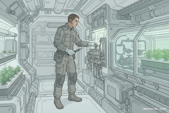 Graphic technical illustration of an orbital greenhouse maintenance technician adjusting an irrigation valve while monitoring a transparent pressure chamber beside hydroponic crops.