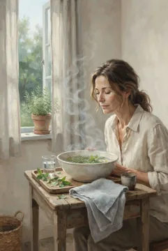 Digital painting of a woman enjoying a herbal facial steam ritual beside an open window with a ceramic bowl, folded towel, fresh herbs, and soft morning light.