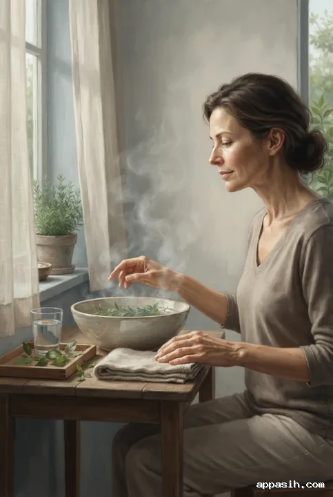 Digital painting of a woman viewed from a closer three-quarter angle during a herbal facial steam ritual, with rising steam, fresh herbs, a ceramic bowl, folded towel, and warm morning window light.