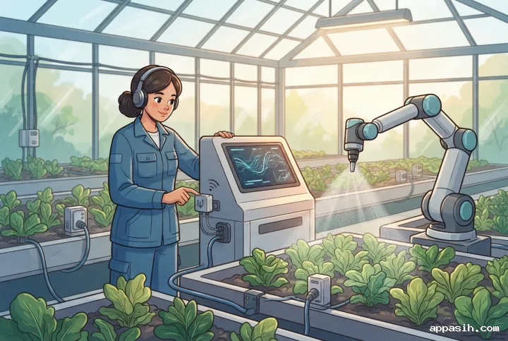 Cartoon smart greenhouse control hub viewed from a closer three-quarter angle as a technician adjusts a sensor beside robotic irrigation equipment and rows of plants.