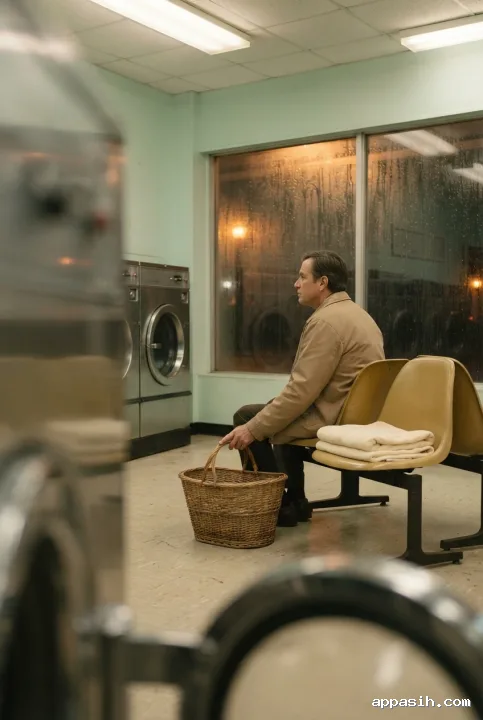 Closer three-quarter view of a solitary visitor waiting in a rainy 1970s coin laundry with chrome washers, a woven laundry basket, mustard chairs, and warm fluorescent lighting.