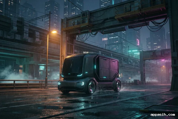 Low-angle cyberpunk concept art of an autonomous cargo shuttle passing beneath a maintenance gantry in a rainy futuristic megacity freight corridor.