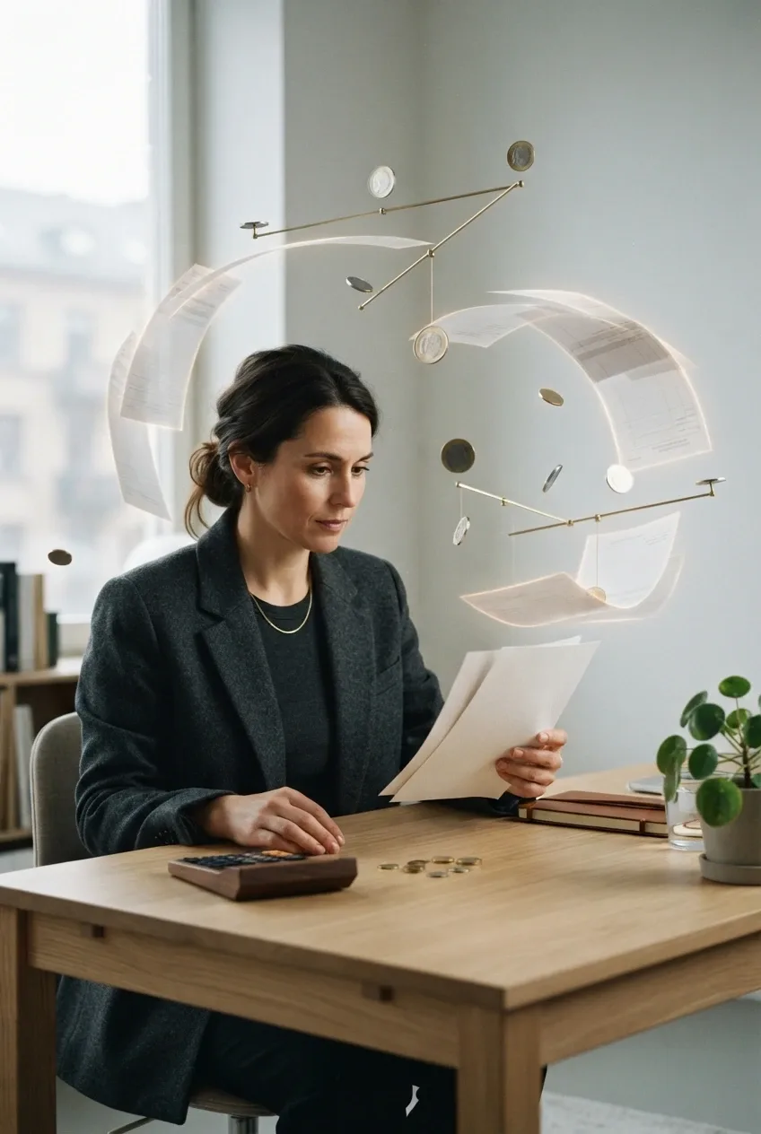 Surreal entrepreneur at an office desk surrounded by floating financial ledgers, coins, and geometric balance structures representing budgeting and business strategy.