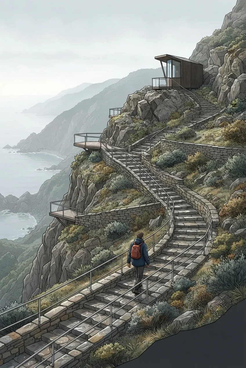 Technical travel illustration of a lone traveler climbing a stone cliffside trail toward an observatory pavilion above a misty coastal valley.