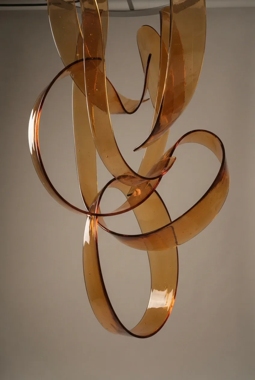 Translucent amber resin ribbons suspended in graceful abstract curves under soft studio lighting against a warm gray background.