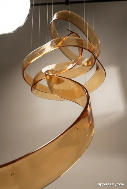 Close three-quarter studio view of translucent amber resin ribbons forming layered abstract curves with soft shadows, warm refractions, and polished surface detail.