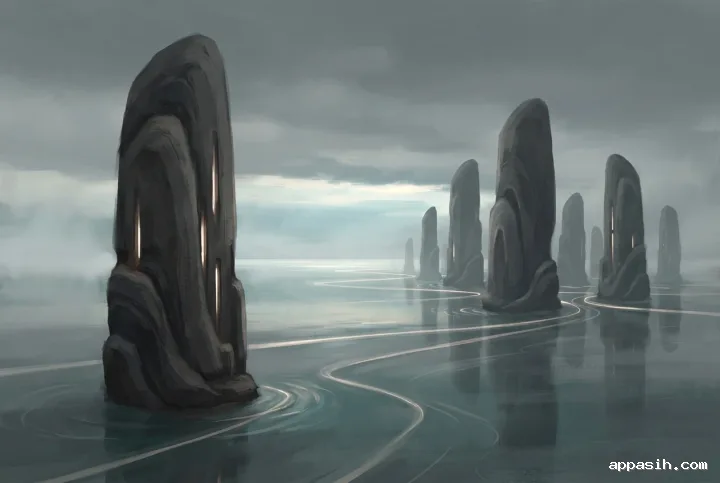 Abstract concept art showing luminous mineral monoliths from a low three-quarter view across reflective tidal water with glowing ribbons and mist.