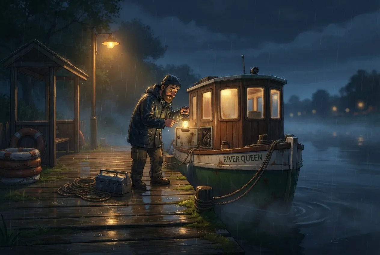 Cartoon ferry mechanic inspecting a small passenger ferry on a rainy riverside dock at night under warm lamps and drifting mist.
