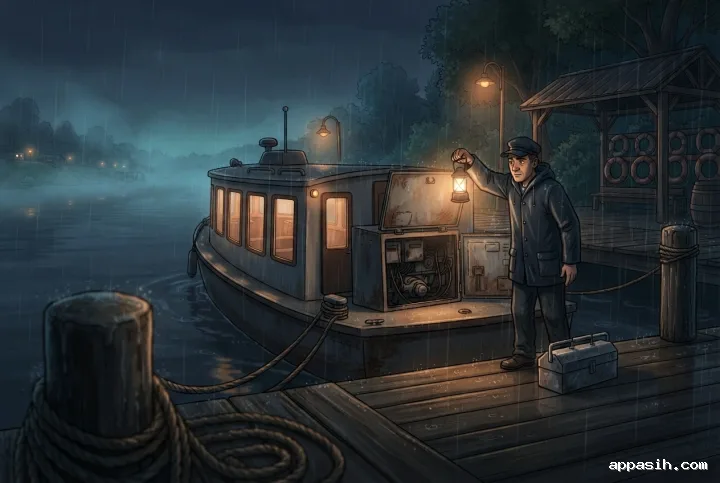 Cartoon ferry mechanic raising an inspection lantern beside the same passenger ferry at a misty rain-soaked riverside dock at night.