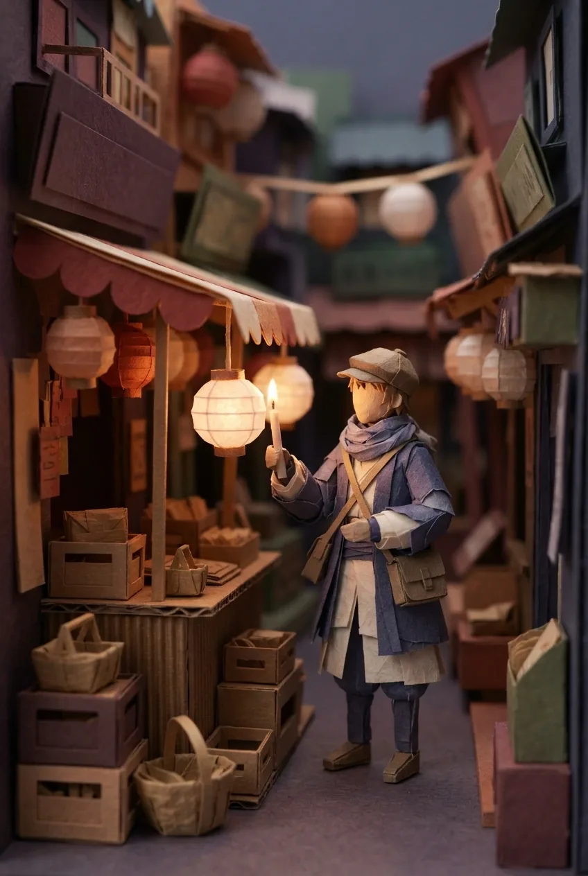 Papercraft lantern keeper lighting a hanging lantern at a layered paper-cut night market stall.