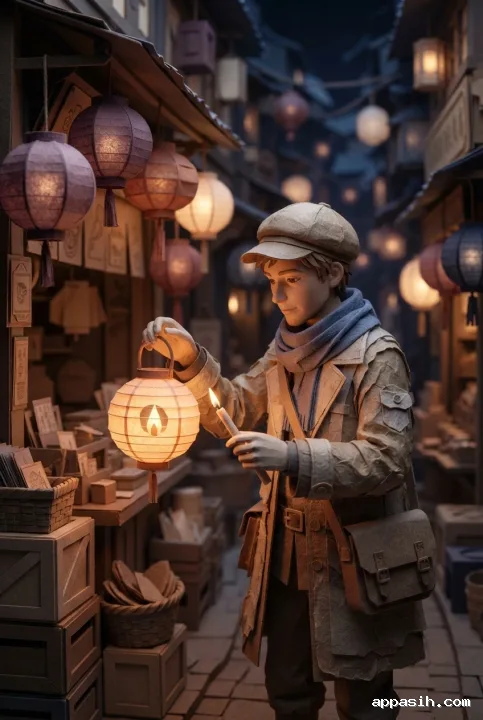 Paper Cut / Papercraft lantern keeper shielding a newly lit lantern at a layered handcrafted night market stall.