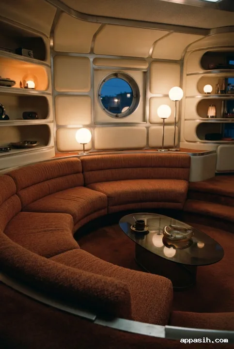 Low three-quarter view of a retro-futurist sunken lounge with a burnt orange conversation pit, smoked-glass table, globe lamps, curved cream panels, brushed aluminum details, and amber evening light.