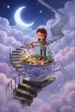 Tiny gardener watering glowing flowers inside an oversized teacup garden on a floating staircase beneath a crescent moon in a 3D cartoon dreamscape.