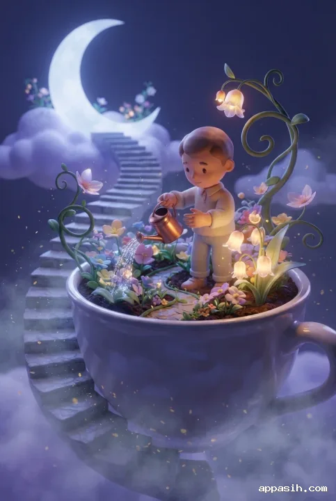 Close three-quarter view of a tiny gardener watering glowing flowers in an oversized teacup garden on a floating staircase beneath a crescent moon, rendered in polished 3D cartoon style.