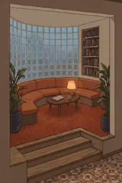 Retro pixel art sunken reading lounge with rust-orange curved seating, glass-block walls, indoor plants, a walnut coffee table, and warm amber lamps.