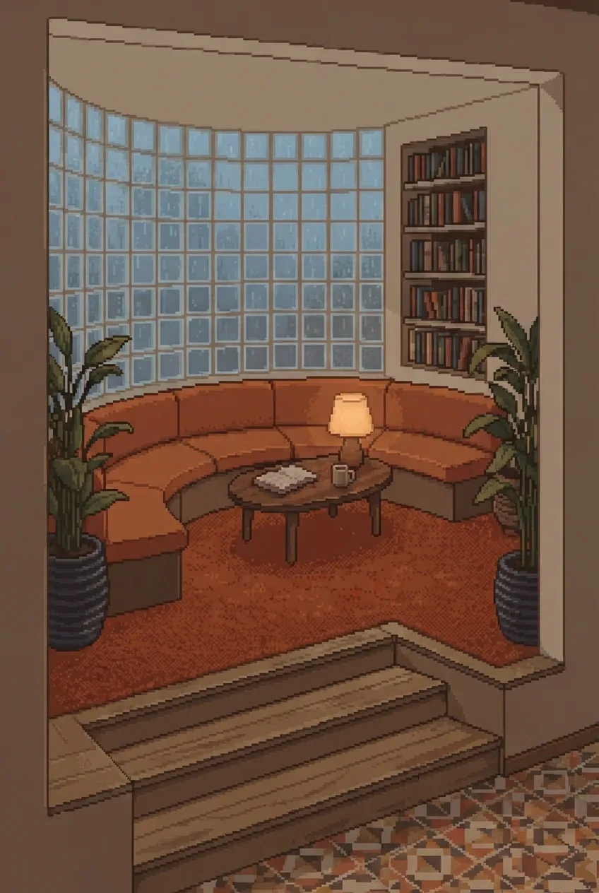 Retro pixel art sunken reading lounge with rust-orange curved seating, glass-block walls, indoor plants, a walnut coffee table, and warm amber lamps.