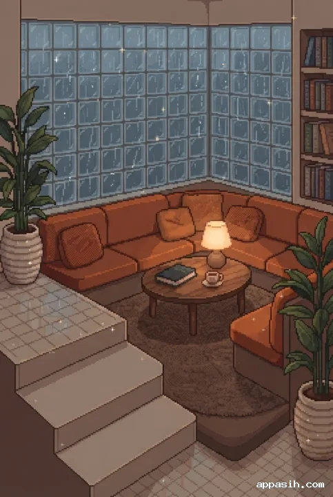 Detailed retro pixel art view of a sunken reading lounge with curved rust-orange seating, rainy glass-block walls, houseplants, a walnut coffee table, and glowing amber light.