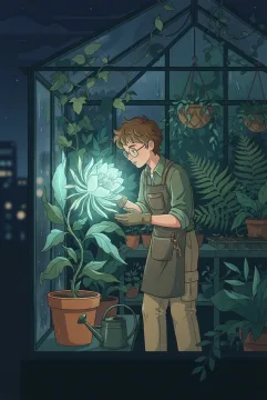 Vector illustration of a young greenhouse botanist examining a luminous night-blooming plant inside a glass conservatory at midnight.