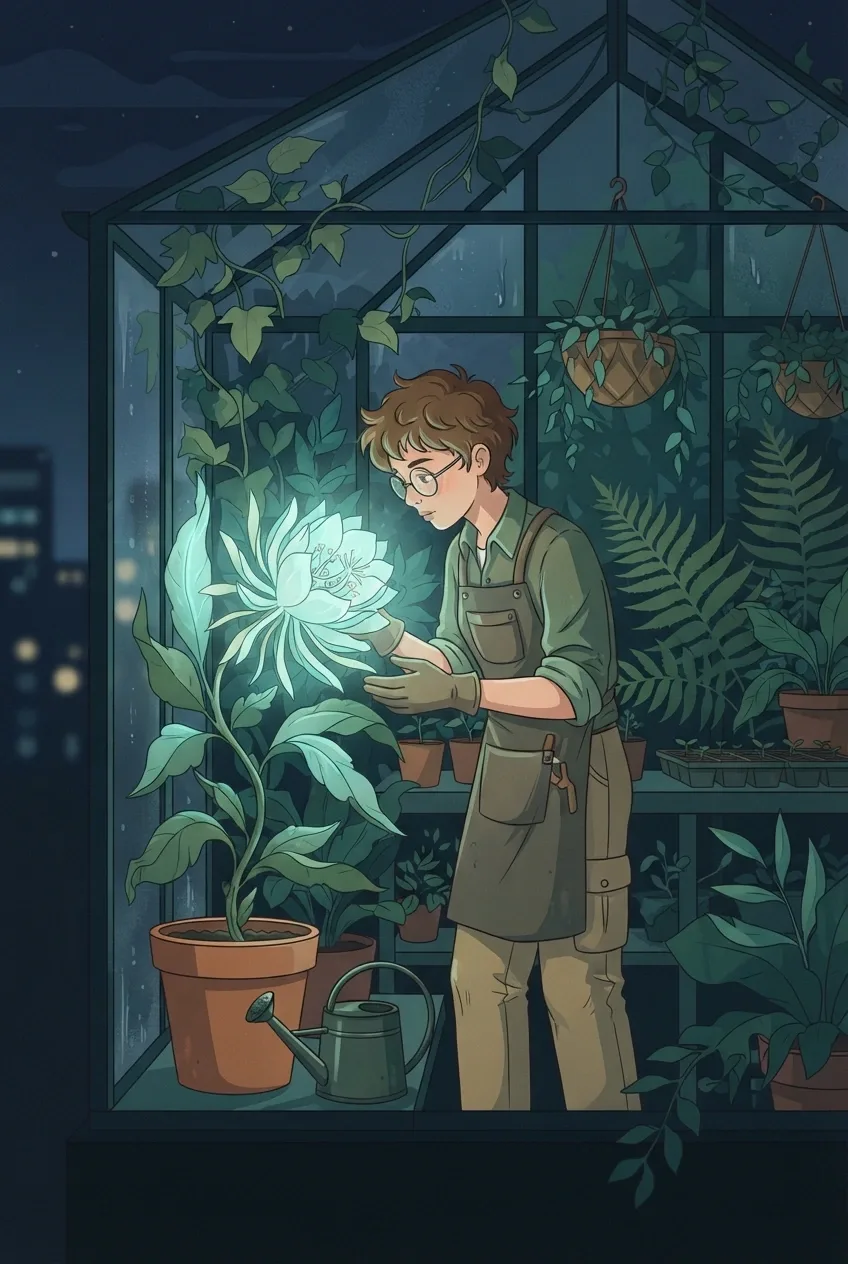 Vector illustration of a young greenhouse botanist examining a luminous night-blooming plant inside a glass conservatory at midnight.
