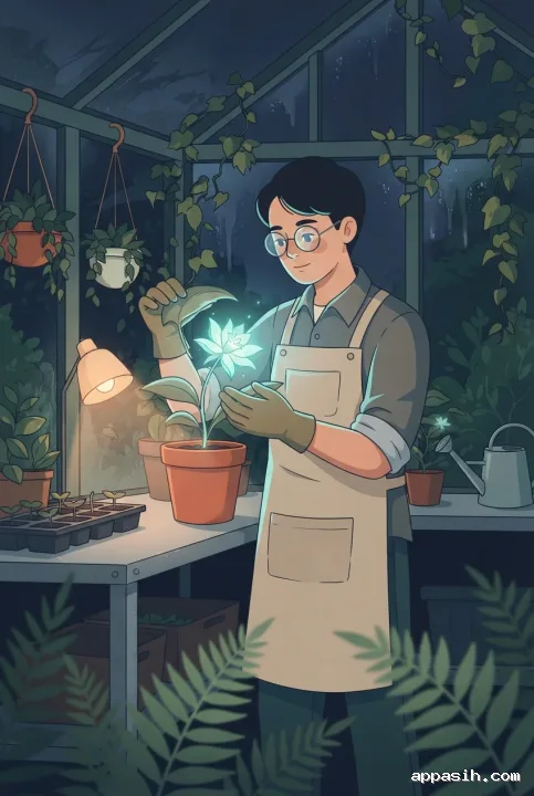 Detailed vector illustration of a greenhouse botanist lifting a leaf while examining a luminous night-blooming flower in a midnight glass conservatory.