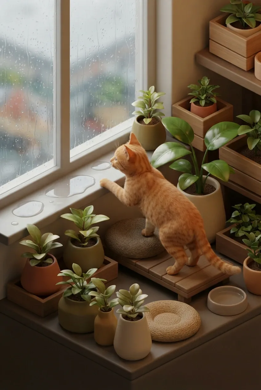Isometric 3D orange cat touching a plant leaf beside a rainy apartment window in a cozy indoor garden.
