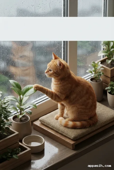 Detailed Isometric 3D orange cat reaching toward a leafy plant in the same cozy rainy window garden with warm interior light.