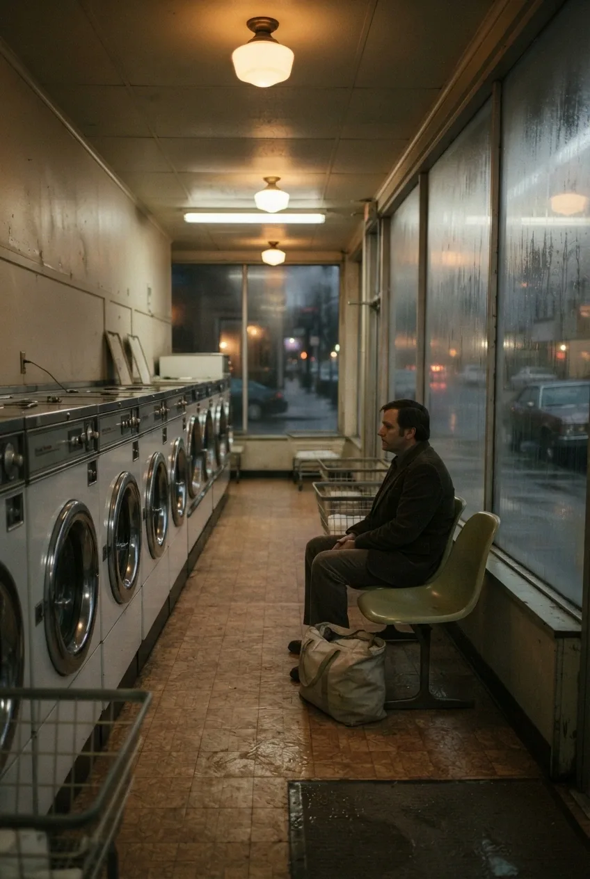 A solitary customer sitting inside a 1970s corner laundromat with chrome washing machines, patterned floor tiles, rain-streaked windows, and warm tungsten lighting.