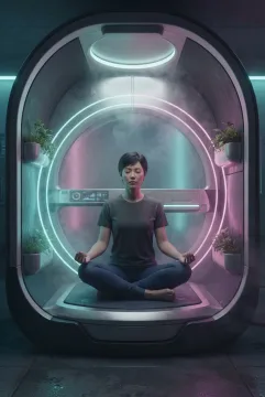 Breathwork practitioner meditating in a cyberpunk wellness pod with glowing biometric rings, green plants, mist, and cyan-magenta lighting.