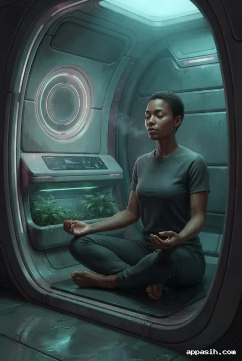 Closer three-quarter view of a breathwork practitioner meditating inside a cyberpunk wellness pod with biometric light rings, humid plants, vapor, and restrained cyan-magenta illumination.