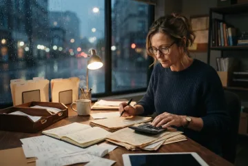 Small business owner reviewing cash flow documents with a calculator and notebook at a wooden desk beside a rain-covered window.